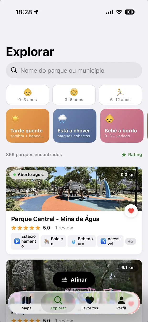 Explorar — lista de parques com filtros e avaliações